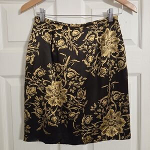 Via Seta Elegant Brown and Gold Floral Silk pencil Skirt size 8 NWOT